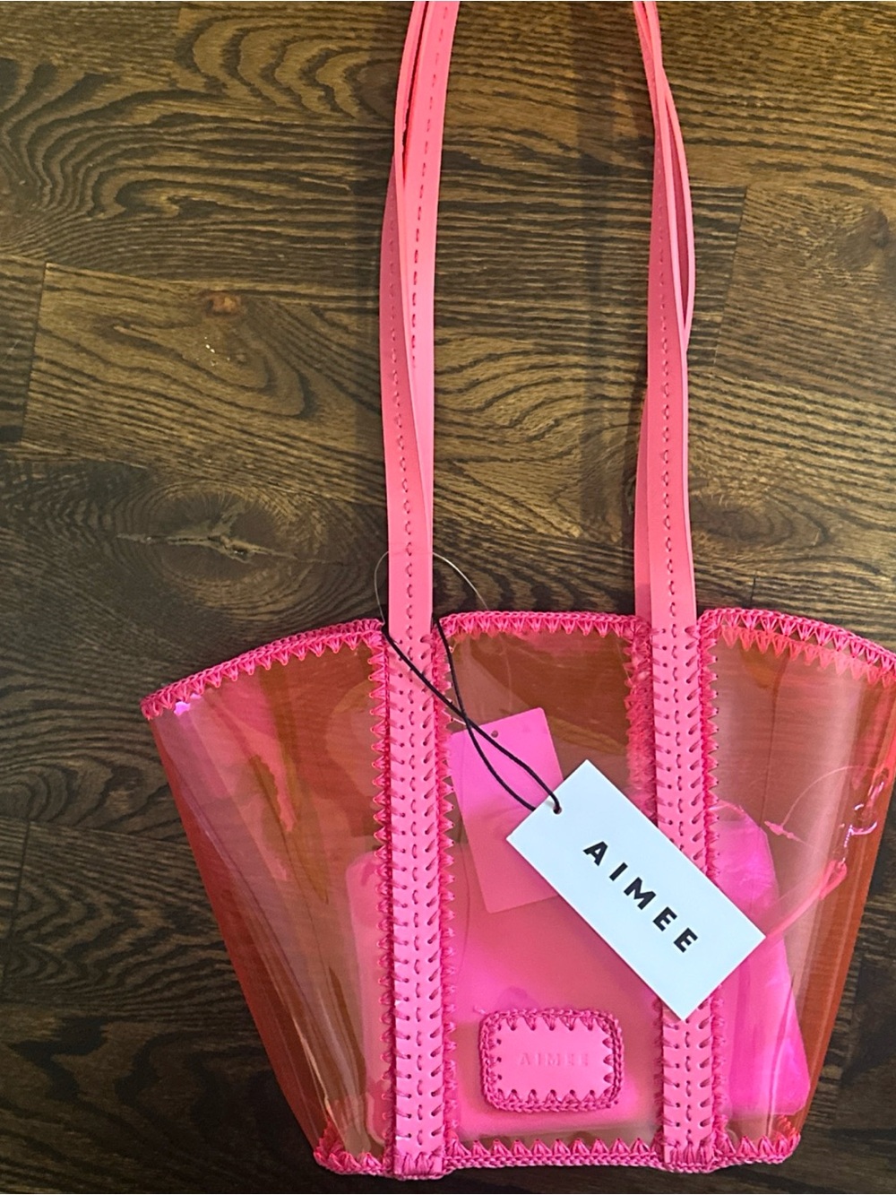 New Aimee Kestenberg Barbie Hot Pink PVC Transparent Tote with Leather strap